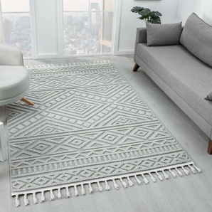 Vimoda - Teppich Boho Wohnzimmer, Schlafzimmer, Fransen Skandinavisch, Waschbarer Teppich 3D,Grau, 160x230 cm
