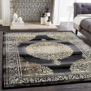 Vimoda - Teppich kurzflor Moderner Orientteppich Elegant Orientalisch Glanz Grau Gold Schwarz, für Wohnzimmer, Schlafzimmer,120x170 cm