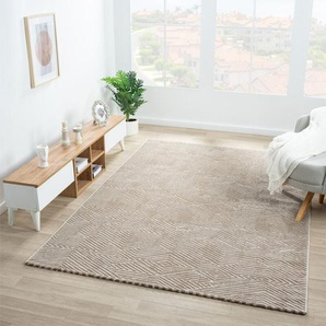 Vimoda - Teppich Kurzflor Wohnzimmer Rauten Hochtief-Muster/ 3D-Effekt Schlafzimmer Boho,120x170 cm, Taupe