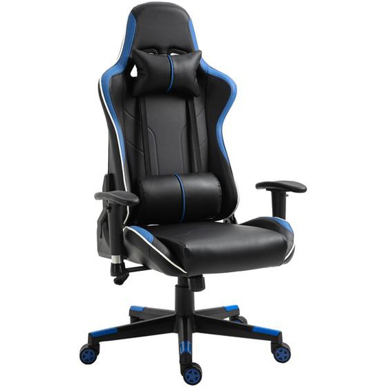 Vinsetto Gaming Stuhl mit Liegefunktion Bürostuhl Schreibtischstuhl mit Kopfstütze und Lendenkissen Griff verstellbar PVC Leder Blau+Schwarz 70 x 60 x 128-138 cm