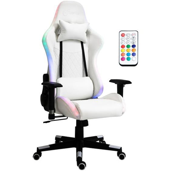 Vinsetto Gaming Stuhl mit RGB LED-Beleuchtung Kunstleder Weiß+Schwarz 68 x 68 x 126-136 cm