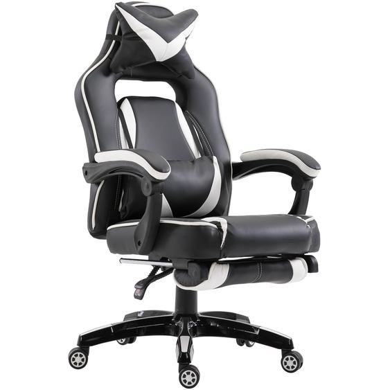 Vinsetto Gaming-Stuhl Bürostuhl Drehstuhl Chefsessel mit Fußstütze Rückenlehne Kissen verstellbar Kunstleder Weiß+Schwarz 65x64x114-123,5 cm