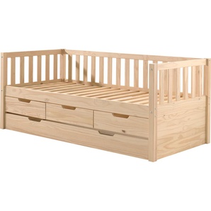Vipack Einzelbett »mit Schubladen, Kiefer massiv, viel Stauraum und zeitloses Design«, (B/H/T ca. 211,2x85,5x97,8cm, Ausf. Milky Pine oder Weiß), inkl. Rolllattenrost, mit oder ohne Bettschublade