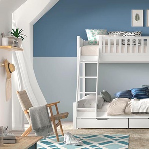 Vipack Etagenbett »Scott, Kiefer massiv, stabil gebaut, Made in Europe, Landhaus-Optik«, (B/H/T ca. 208x175x158cm, inkl. Rolllattenroste, Leiter, Absturzschutz), wahlweise, ohne Schublade, mit 2 kleinen oder 1 großen Bettschublade