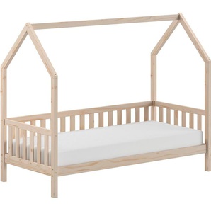 Vipack Hausbett aus massiver Kiefer, natur oder weiß lackiert, stabil gebaut, 90/200 inkl. Rolllattenrost, Sprossenumrandung u. Dachaufbau