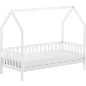Vipack Hausbett aus massiver Kiefer, natur oder weiß lackiert, stabil gebaut, 90/200 inkl. Rolllattenrost, Sprossenumrandung u. Dachaufbau