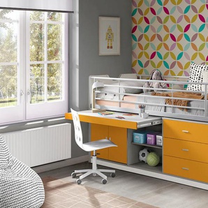 Vipack Hochbett »Bonny, mit zeitloser Optik, super praktisch im Kinderzimmer«, (B/H/T ca. 207x116x96cm, Dekor Oberfläche, in verschieden Farben), mit großer Schreibplatte, Schubladen, Fächern, maximaler Stauraum