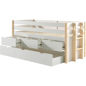 Vipack Hochbett »Magrit, mit 3 geräumingen Schubladen, viel Stauraum, moderne Optik«, (B/H/T ca. 219,4x100x97,8cm, MDF weiß lackiert, Kiefer natur), wahlweise mit oder ohne Bettschublade als zusätzlichen Stauraum