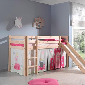 Vipack Hochbett Pino, Spielbett massiv Kiefer, stabil gebaut, 3 Korpusfarben zur Wahl (inkl. Rolllattenrost, Leiter und Absturzschutz, mit oder ohne Rutsche) Textil-Set Princess, inkl. Vorhang, mit oder ohne Tunnel