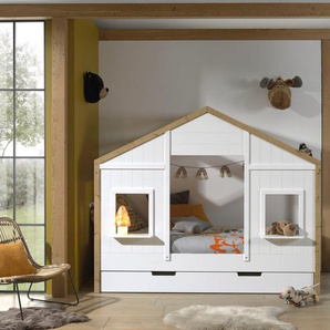 Vipack Hausbett Babs, mit Dachaufbau, Fenstern, Made in Europe, originelle Optik (B/H/T ca. 210x170x97cm, Weiß/Oak lackiert, seitlich nach hinten offen), inklusive Rolllattenrost und wahlweise mit Bettschublade