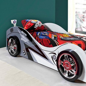 Vipack Autobett Liegefläche 90/200, Räder mit Felgen-Optik, schickes Design (B/H/T ca. 240x65x110cm, hochglanz weiß/grau lackiert, mit Lattenrost), feststehende Räder, hochwertiges MDF Trägermaterial, coole Optik