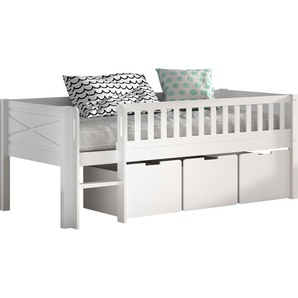Vipack Spielbett Scott mit niedriger Einstiegshöhe, inkl. Leiter und Rolllattenrost, in Kiefer massiv, weiß 90x200 cm, wahlweise ohne und mit Rollboxen