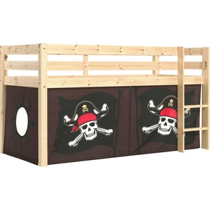 Vipack Spielbett Pino, Kiefer massiv, mit Rolllattenrost u. Textil-Set, Made in Europe (B/H/T ca. 210x114x106cm, mit Leiter und Absturzschutz), verschiedene Textil Dessins, 3 Gestellfarben zur Wahl