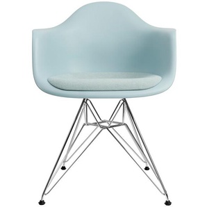 Vitra Stuhl Eames Plastic Armchair DAR 83x63x59 cm eisgrau mit Sitzpolster eisblau/elfenbein, Gestell: verchromt, Designer Charles & Ray Eames