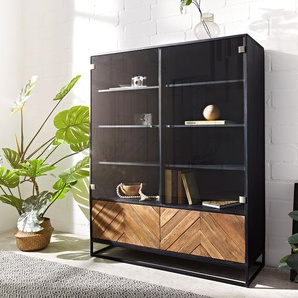 Vitrine Famke 120 cm Mango Teak 2 Glastüren und 2 Holztüren, Vitrinen