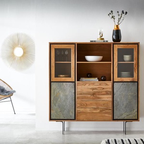 Vitrine Juwelo 150 cm Akazie Natur mit Steinfurnier Highboard, Vitrinen