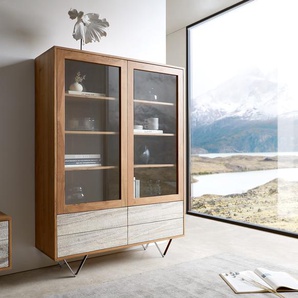 Vitrine Kleo 115x150 cm Akazie Natur 2 Türen 4 Schübe V-Fuß Edelstahl, Vitrinen