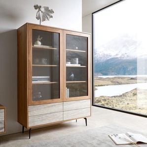 Vitrine Kleo 115x150 cm Akazie Natur 2 Türen 4 Schübe Winkelfuß Metall Schwarz, Vitrinen