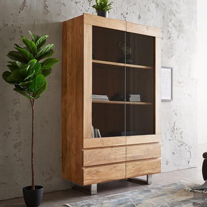 Vitrine Live-Edge 120x190 cm Akazie Natur Baumkante 2 Türen 4 Schubladen Massiv, Vitrinen, Baumkantenmöbel, Massivholzmöbel, Massivholz