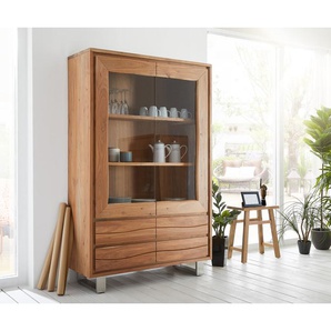 Vitrine Live-Edge 120x190 cm Akazie Natur gerade Kante 2 Türen 4 Schubladen Massiv, Vitrinen, Baumkantenmöbel, Massivholzmöbel, Massivholz