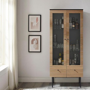 Vitrine SALESFEVER Schränke Gr. B/H/T: 79 cm x 179 cm x 43 cm, mit 4 Einlegeböden und 2 Schubladen, 2 St., beige (natur, schwarz) Vitrinen Eiche Echtholzfurnier