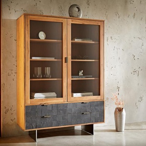Vitrine Teele 115x150 cm Akazie Natur Schiefer 2 Türen 4 Schubfächer Fuß schwebend Edelstahl, Vitrinen