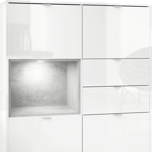 Vladon Highboard Sideboard Metro, Germany, Korpus in Weiß Hochglanz / Fronten in Weiß Hochglanz mit Einsatz in Beton Oxid Optik, inkl. LED Beleuchtung 50004924