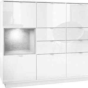Vladon Highboard Sideboard Metro V2, Germany, Korpus in Weiß Hochglanz / Fronten in Weiß Hochglanz mit Einsatz in Beton Oxid Optik, inkl. LED Beleuchtung 50004936