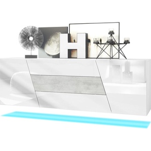 Vladon Sideboard Houston, Germany, hängende Kommode mit 2 Türen & 3 Schubladen, Weiß matt, Weiß Hochglanz, mittlere Schublade Beton Oxid Optik, inkl. LED-Beleuchtung (178 x 57,5 x 38,5 cm) 50027470