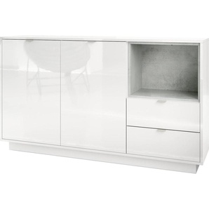 Vladon Sideboard Kommode Metro, Germany, Korpus in Weiß Hochglanz / Fronten in Weiß Hochglanz mit Einsatz in Beton Oxid Optik 50004853
