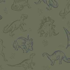Vliestapete, Grün, Kunststoff, Papier, Dinosaurier, 52x1000 cm, Made in Europe, Tapeten Shop, Vliestapeten