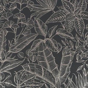 Vliestapete, Schwarz, Silber, Kunststoff, Papier, Blätter, 52x1000 cm, Made in Europe, Tapeten Shop, Vliestapeten