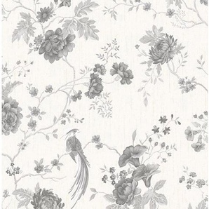 Boutique Vliestapete Vogel & Blumen, (1 St), Weiß/Silber - 10m x 52cm