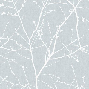 Vliestapete, Weiß, Hellblau, Kunststoff, Papier, Blätter, 52x1005 cm, Made in Europe, Tapeten Shop, Vliestapeten