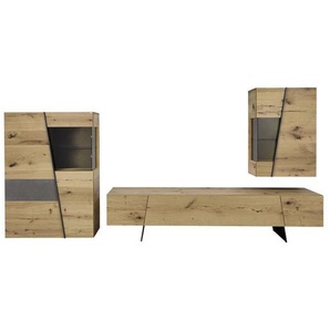 Voglauer Wohnwand V-Sevilla , Grau, Eiche , Metall , Wildeiche , furniert, mehrschichtige Massivholzplatte (Tischlerplatte),furniert , 4 Fächer , 337x162x55.2 cm , Beimöbel erhältlich, in verschiedenen Größen erhältlich , Wohnzimmer, Wohnwände, Anbauwände