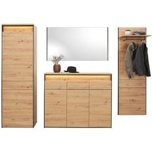 Voleo Garderobe Edra, Schwarz, Eiche Artisan, Glas, Holzwerkstoff, 4-teilig, 248x200x38 cm, Garderobe, Garderoben-Sets & Serien, Garderoben-Sets