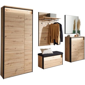 Voleo Garderobe Edra, Schwarz, Eiche Artisan, Glas, Holzwerkstoff, 5-teilig, 266x200x38 cm, Garderobe, Garderoben-Sets & Serien, Garderoben-Sets