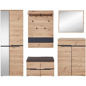 Voleo Garderobe, Graphit, Eiche Artisan, Glas, Holzwerkstoff, 7-teilig, 255x192x38 cm, Holzmöbel, Garderoben Holz, Garderoben-Sets Holz