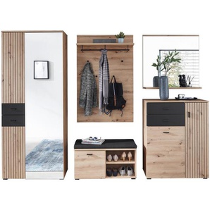 Voleo Garderobe, Schwarz, Eiche Artisan, Textil, Holzwerkstoff, 6-teilig, 282x202x38 cm, Garderobe, Garderoben-Sets