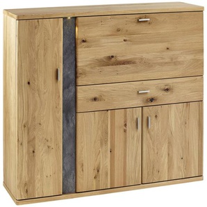 Voleo Highboard Turego , Eiche, Schiefer , Metall , Eiche , furniert,furniert, massiv,massiv , 2 Fächer , 1 Schubladen , 128.6x117.4x37.4 cm , Beimöbel erhältlich, stehend , Wohnzimmer, Kommoden & Sideboards, Highboards