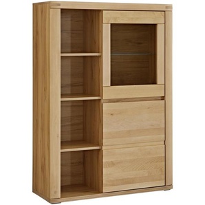 Voleo Highboard , Kernbuche , Glas, Holzwerkstoff , Kernbuche , massiv , 4 Holz + 1 Glas Fächer , 98.4x139.6x37.7 cm , Typenauswahl, Beimöbel erhältlich, stehend , Wohnzimmer, Kommoden & Sideboards, Highboards