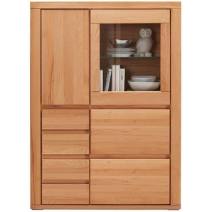 Voleo Highboard, Kernbuche, Holz, Glas, Holzwerkstoff, Kernbuche, massiv, 3 Fächer, 4 Schublade(n) Schubladen, 98.4x139.6x37.7 cm, Beimöbel erhältlich, stehend, Holzmöbel, Kleinmöbel Holz, Holzkommoden, Highboards Holz