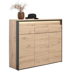 Voleo Schuhschrank, Schwarz, Eiche Artisan, Holzwerkstoff, 6 Fächer, 3 Schubladen, 126x106x38 cm, Beimöbel erhältlich, Garderobe, Schuhaufbewahrung,