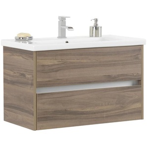 Voleo Waschtischkombi Louisiana , Weiß, Nussbaum , Holzwerkstoff , 2 Schubladen , 90 cm , hängend , Badezimmer, Waschbecken & Armaturen, Waschtische