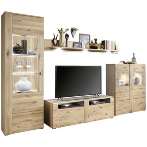 Voleo Wohnwand Colorado , Eiche, Schiefer , Metall , Eiche , furniert,furniert, massiv,massiv , 7 Fächer , 2 Schubladen , 328x205x51 cm , Beimöbel erhältlich, stehend , Wohnzimmer, Wohnwände, Anbauwände