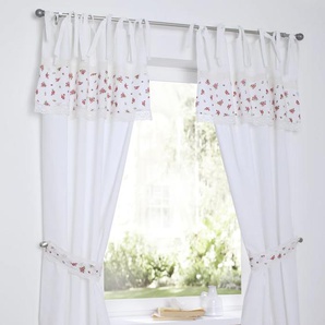 Vorhang KUTTI Lavie Gardinen Gr. 145 cm, Bindebänder, 90 cm, bunt (rot, grün, weiß) Landhaus Gardinen Kurzgardine mit Raffhalter, Baumwolle, blickdicht, Rosen, Spitze