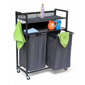 Wäschekorb 2 Fächer mit Ablagen Schwarz Metall 96501 Wäschesammler Wäschewagen mit Rollen Wäschebox Wäschekorb Wäschesack Modern - Dandibo