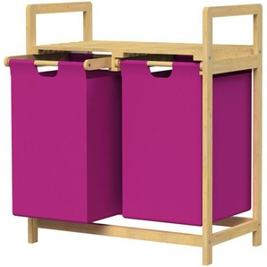 Wäschekorb aus Bambus, Magenta, Wäschebox mit 2 Fächern, Wäschesammler mit 2 ausziehbaren Wäschesäcken 60 l, Wäschetruhe mit Ablage, Wäschesortierer
