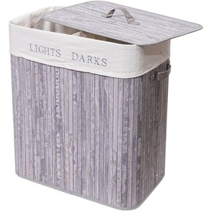 Wäschekorb HHG-153, Laundry Wäschebox Wäschesammler Wäschebehälter, Bambus 2 Fächer 63x55x34cm 100l grau-blau