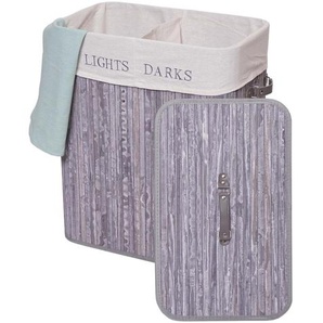 Wäschekorb HWC-C21, Laundry Wäschebox Wäschesammler Wäschebehälter, Bambus 2 Fächer 63x55x34cm 100l ~ grau-blau